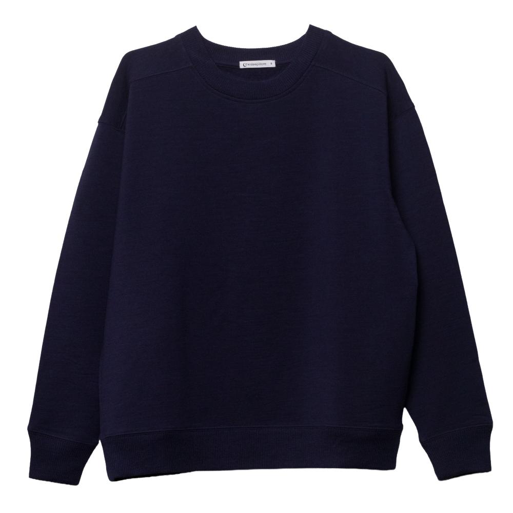 A dark navy blue merino fleece crewneck sweatshirt with long sleeves, laid flat against a solid white background.