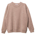 A long-sleeve merino and tencel fleece crewneck sweatshirt in a heathered, textured taupe-brown color, shown flat against a solid white background.