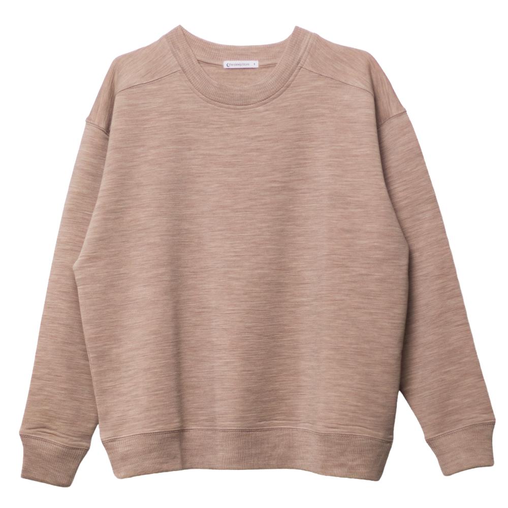 A long-sleeve merino and tencel fleece crewneck sweatshirt in a heathered, textured taupe-brown color, shown flat against a solid white background.