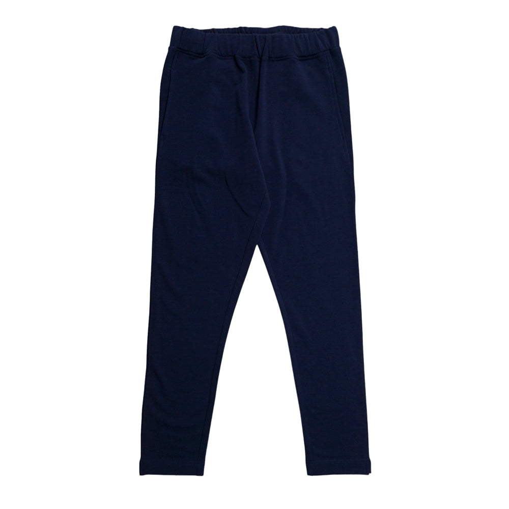 A pair of dark navy blue merino fleece pants with an elastic waistband, shown flat against a solid white background.