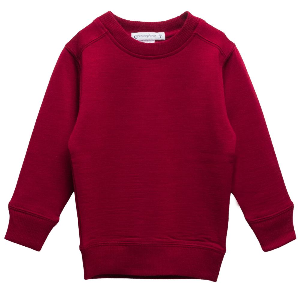 A long-sleeve crewneck merino fleece tencel crew sweatshirt in a deep burgundy red, shown flat against a plain white background