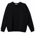 A black merino fleece and tencel crewneck nursing sweatshirt with long sleeves and ribbed cuffs and hem, laid flat against a white background.
