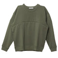 An olive green crewneck sweatshirt with a seam across the chest with invisible zipper displayed flat against a white background.