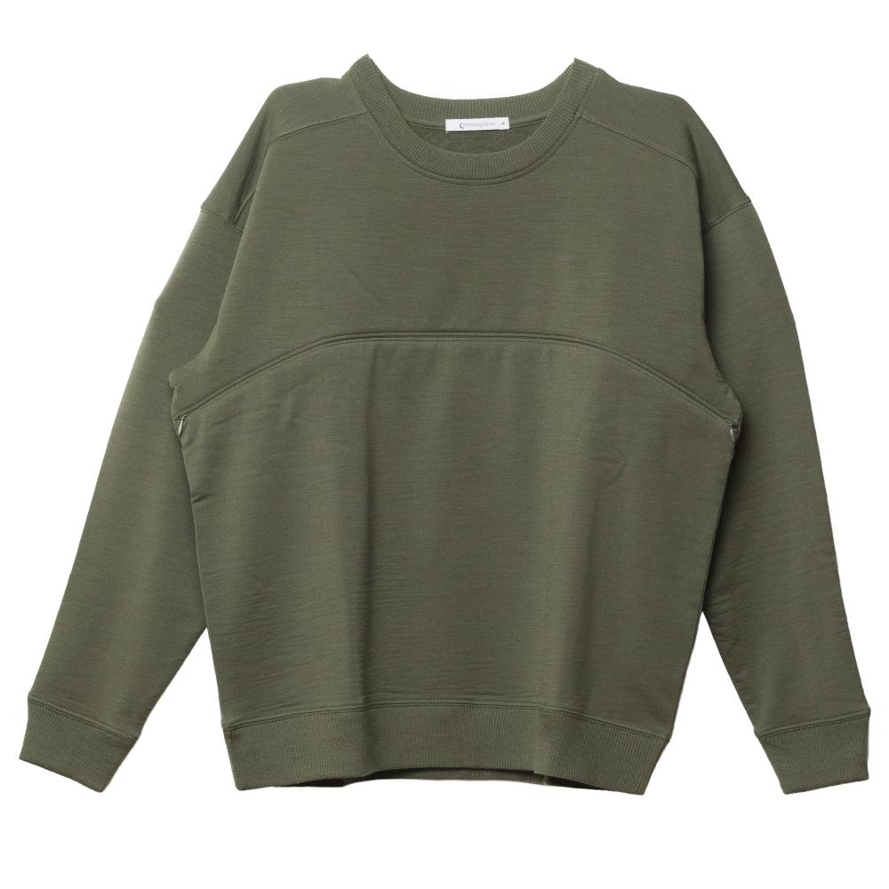 An olive green crewneck sweatshirt with a seam across the chest with invisible zipper displayed flat against a white background.
