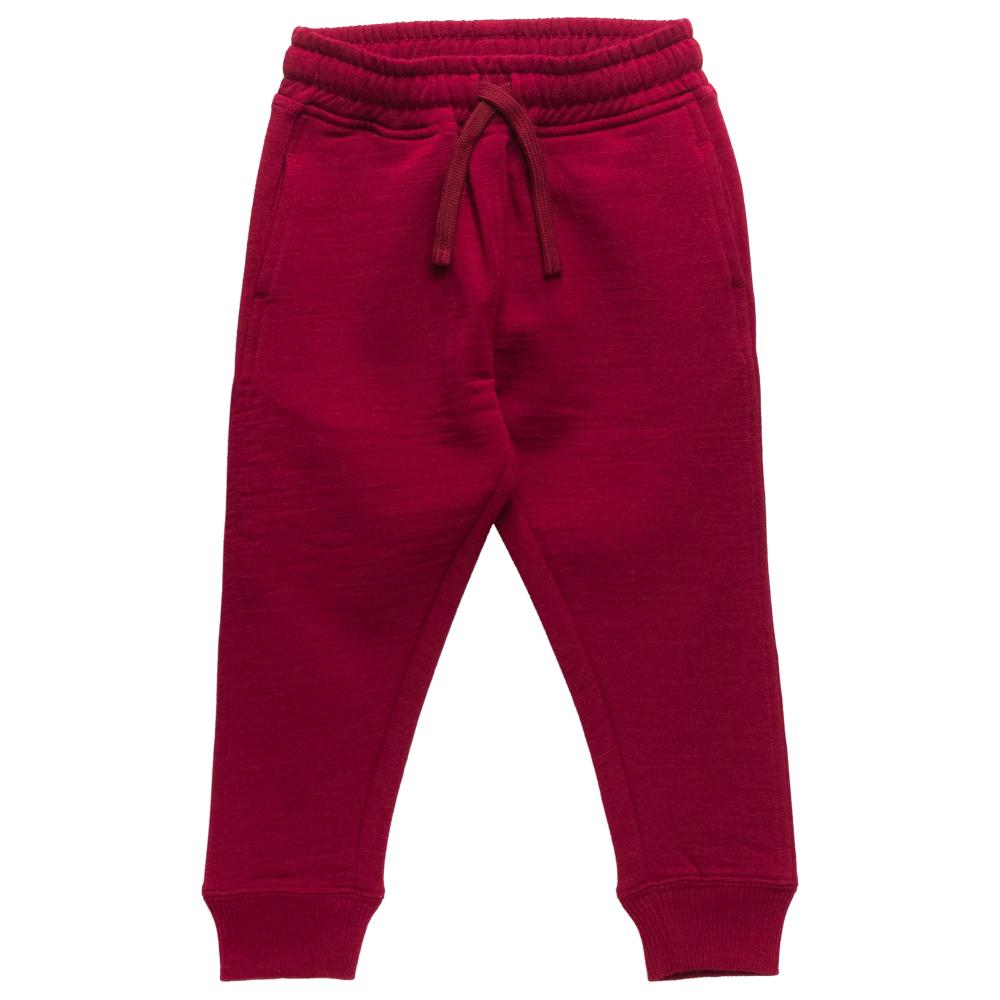 A pair of kids' jogger merino fleece sweatpants in a deep burgundy red, featuring an elastic waistband with a matching drawstring and ribbed ankle cuffs, shown against a plain white background.