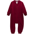 A long-sleeve baby merino fleece footless one-piece jumpsuit in deep burgundy, featuring a front zipper closure, ribbed cuffs, and a ribbed foot cuff, shown against a plain white background.