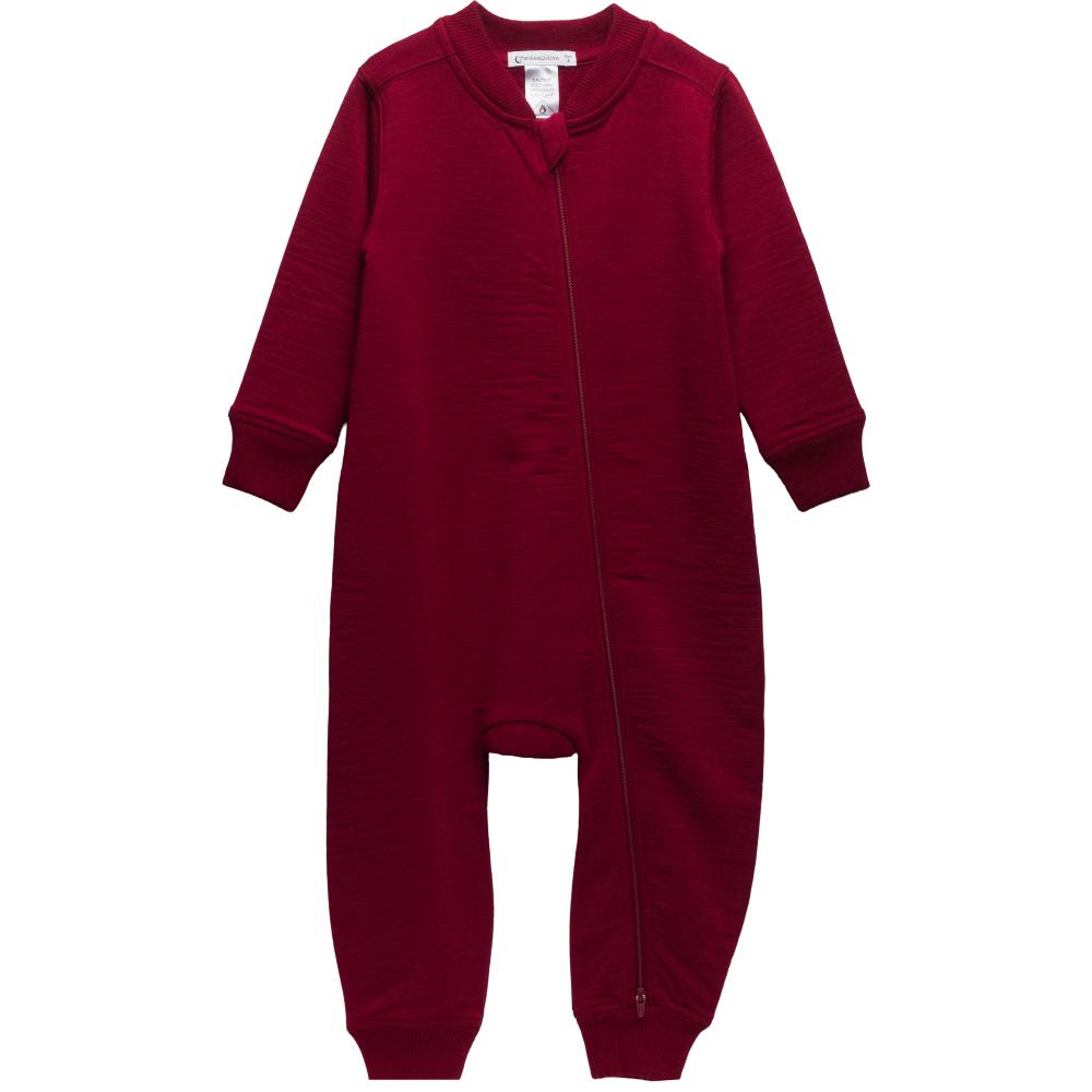 A long-sleeve baby merino fleece footless one-piece jumpsuit in deep burgundy, featuring a front zipper closure, ribbed cuffs, and a ribbed foot cuff, shown against a plain white background.