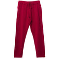 A pair of solid deep red merino tencel fleece jogger pants with an elastic waistband and matching drawstring, shown flat against a plain white background.
