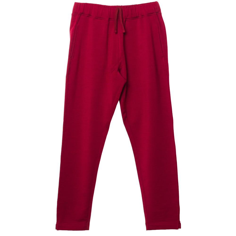 A pair of solid deep red merino tencel fleece jogger pants with an elastic waistband and matching drawstring, shown flat against a plain white background.