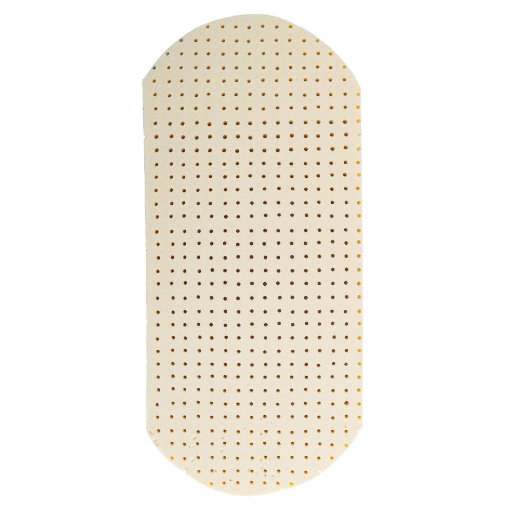 Beige latex mattress with a textured circular pattern on a white background