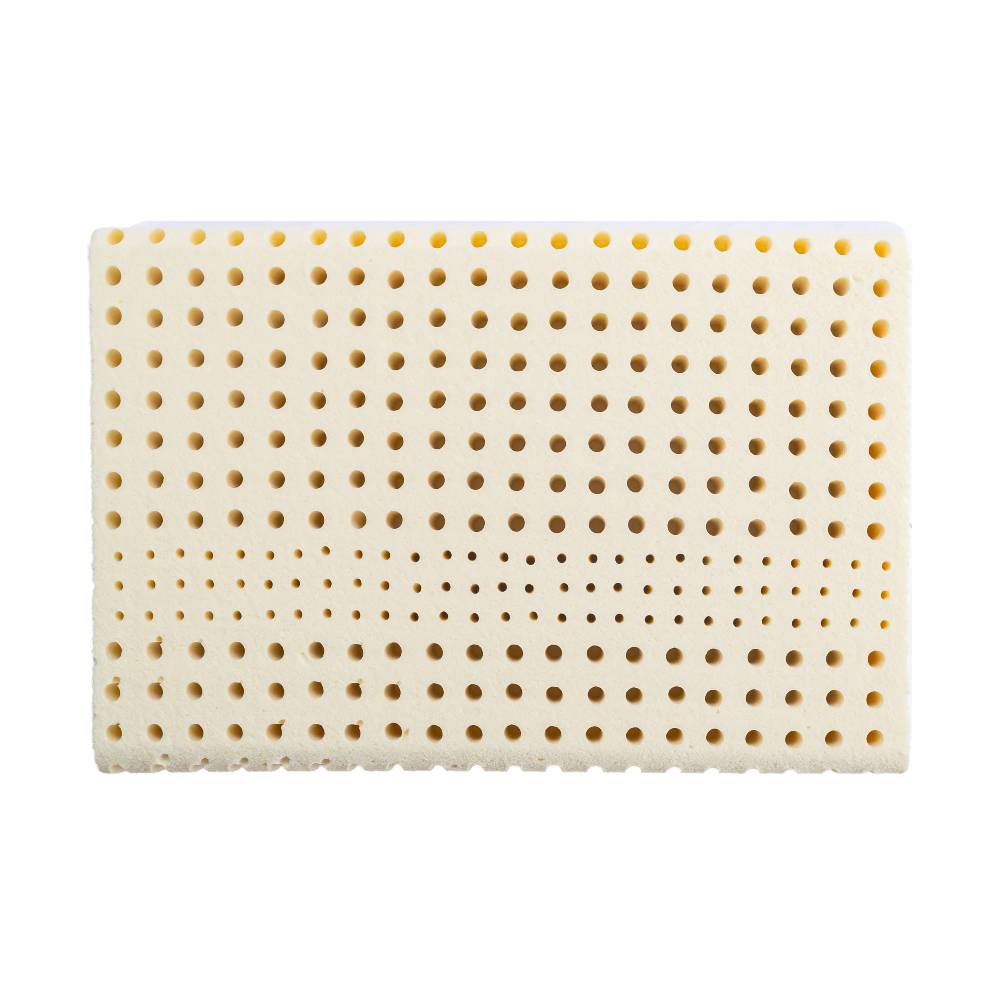Rectangular piece of natural latex foam with perforated a grid pattern on a white background