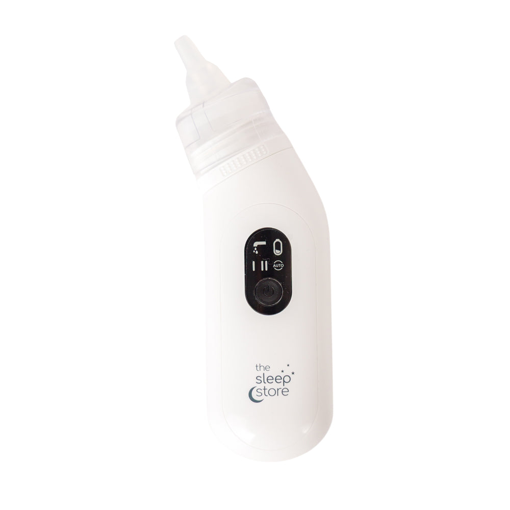 Electric baby nasal aspirator with the sleep store logo on a white background
