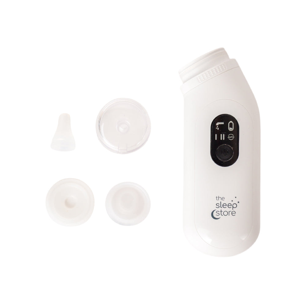 White electric baby nasal aspirator with  silicon nozzles and sealing rings on a white background, branded 'The Sleep Store'.