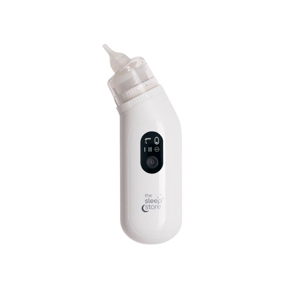 A white electronic nasal aspirator with a clear plastic nozzle and a black control panel, shown on a plain white background. The brand name 'the sleep store' is printed near the bottom.