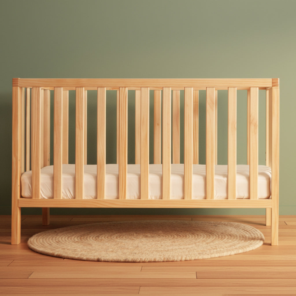 Frank wood cot in natural light pine with green wall and wool rug