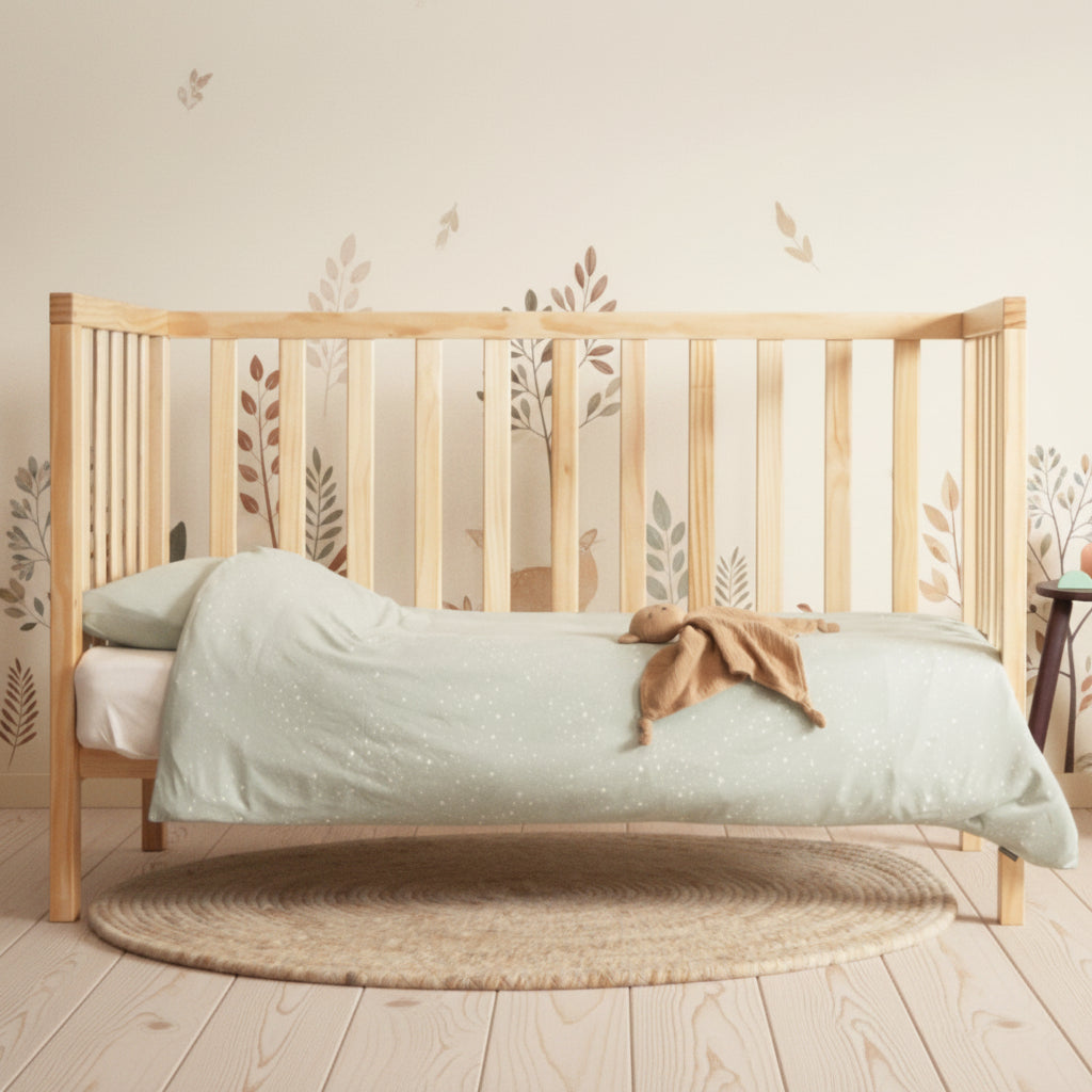 Wooden crib with light green bedding and a brown blanket on a neutral background