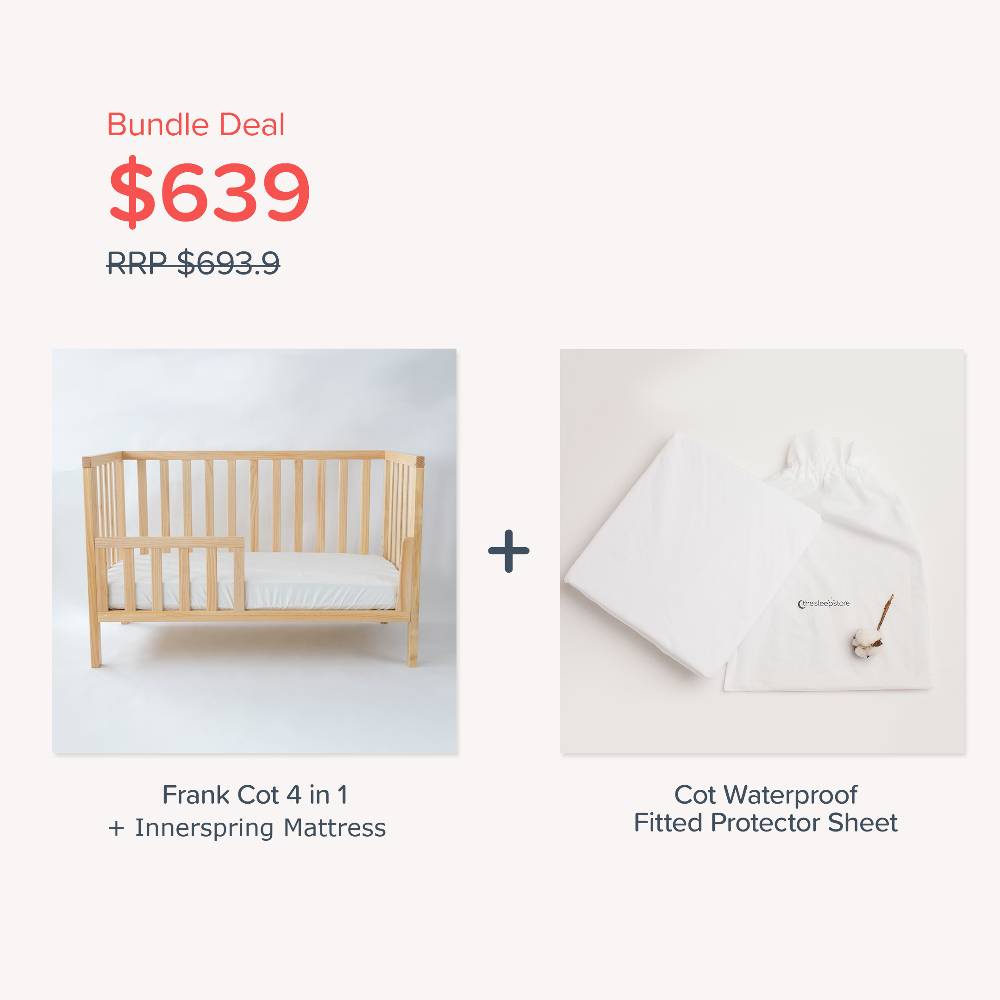 Bundle deal graphic showing a light wood crib with an innerspring mattress and a white fitted protector sheet, labeled as a Frank Cot 4 in 1 bundle with a cot waterproof fitted protector sheet, with a red price of $639.