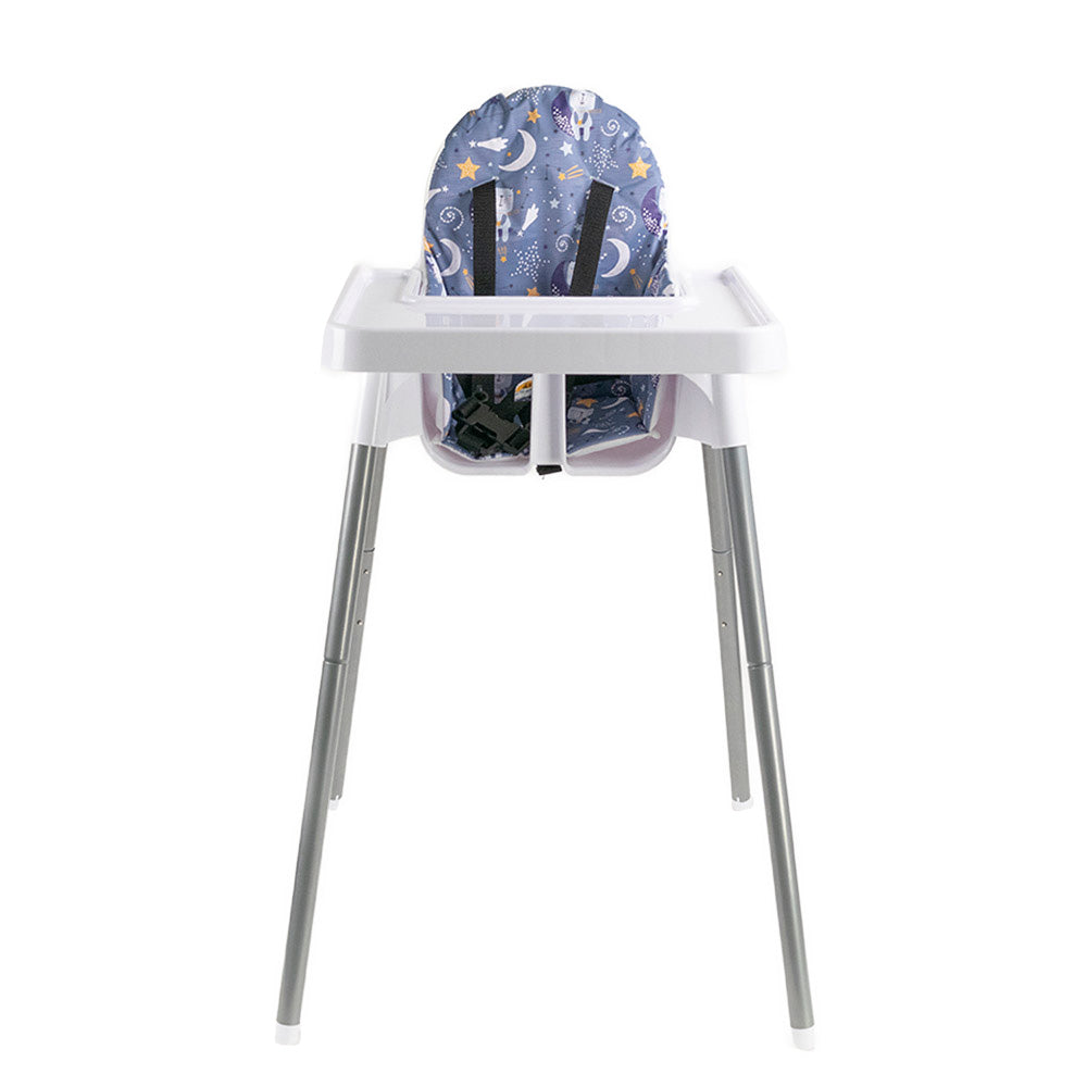 High chair with a blue seat cushion insert featuring space-themed design on a white background
