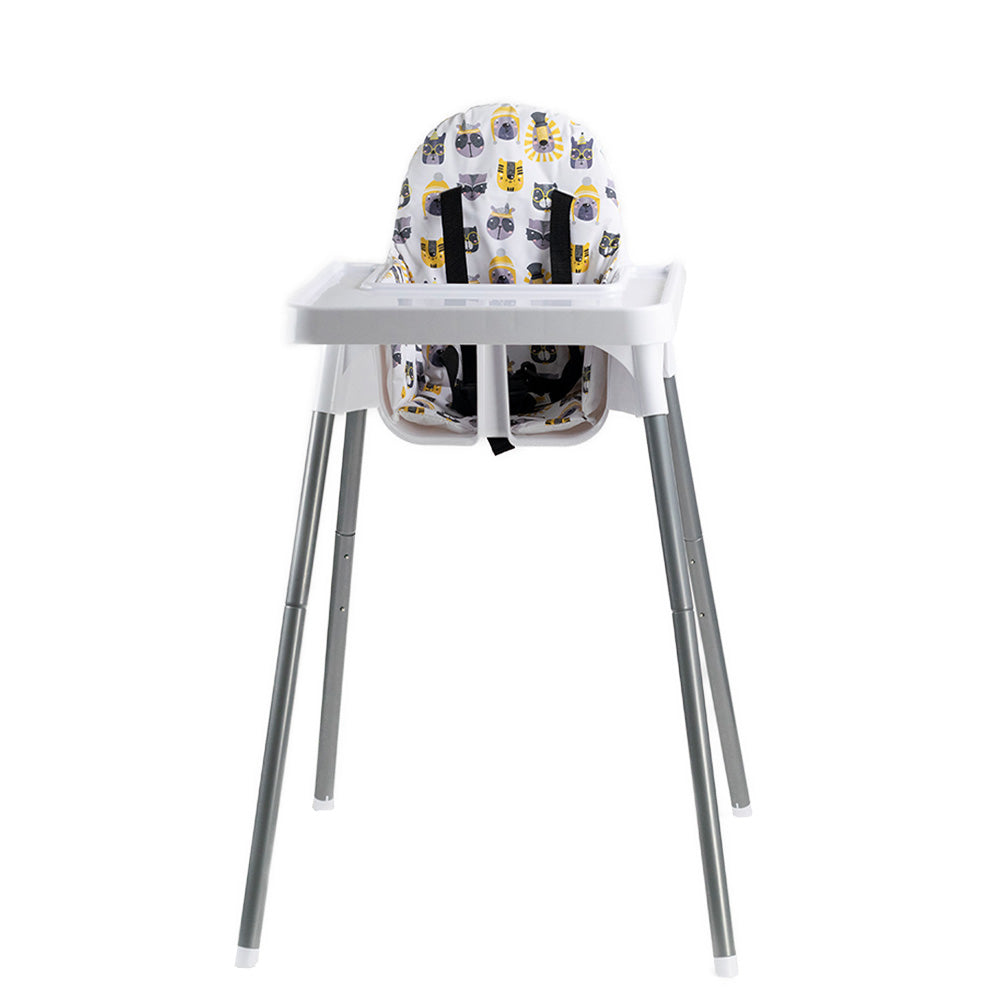White high chair with a yellow and grey animal patterned cushion on a white background