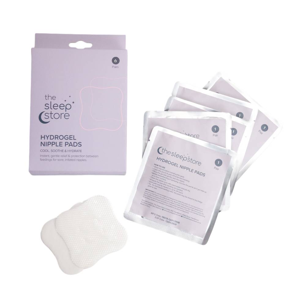 Sleep store hydrogel nipple pads with packaging on a white background