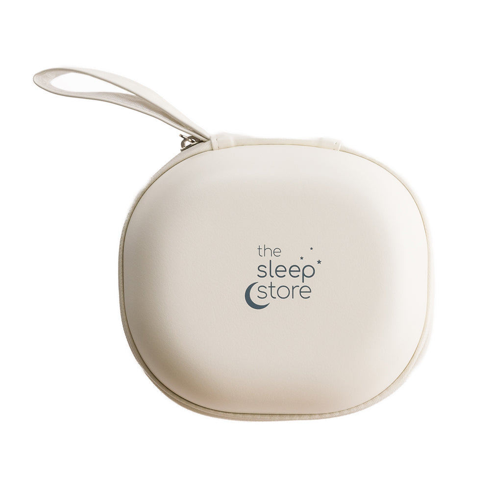 Cream case with 'The Sleep Store' logo and hand strap on a white background