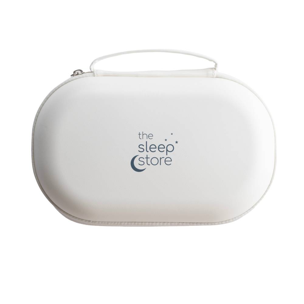 Cream breast pump carrying case with handle and 'the sleep store' logo on a white background