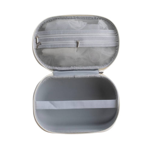 Grey inside look at a breast pump travel case with mesh interior on a white background