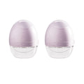 Two purple and clear wearable breast pumps on a white background