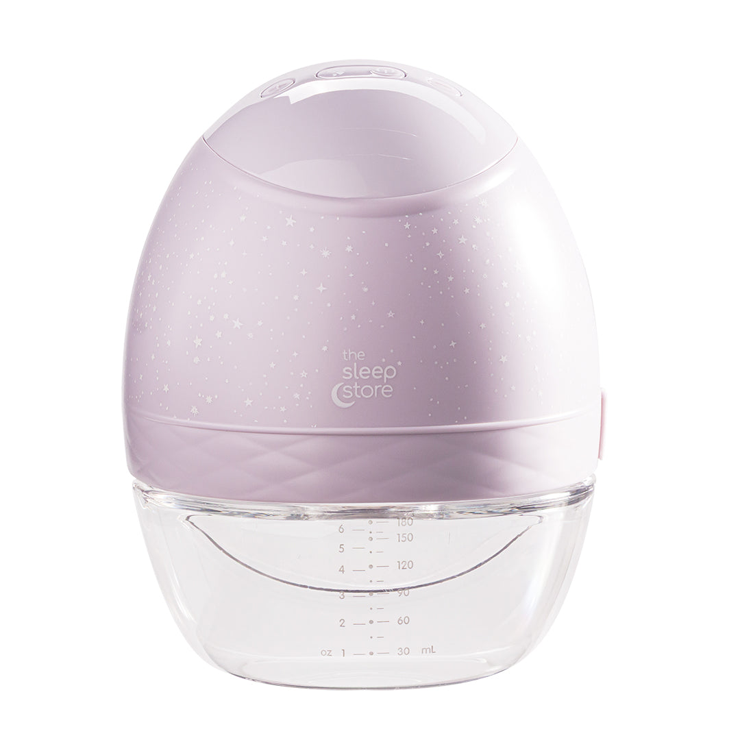 Purple and clear wearable breast pump with 'The Sleep Store' branding on a white background