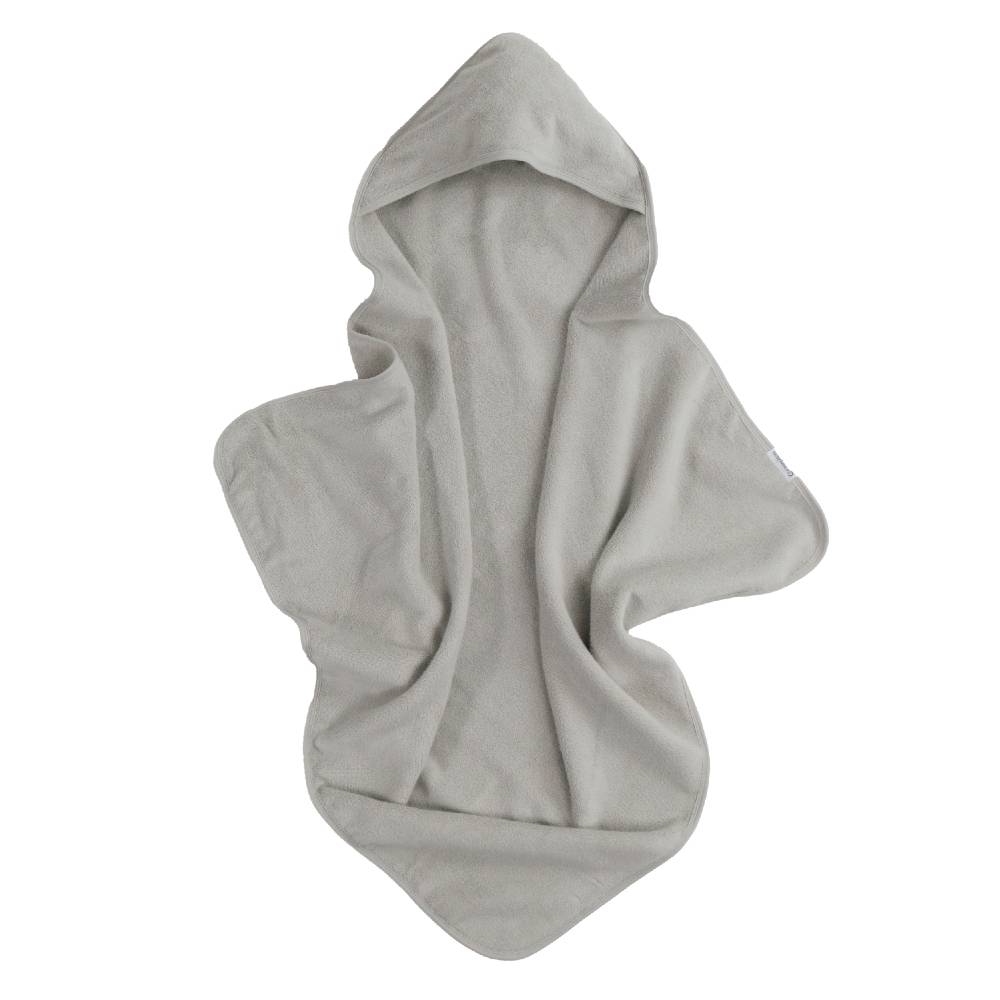 A light gray hooded towel shown draped and folded on a solid white background.