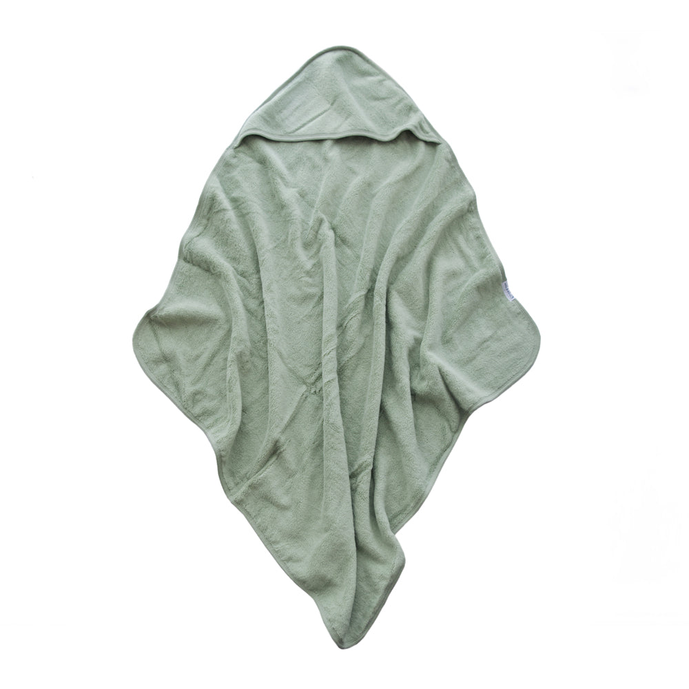 A sage green terry cotton hooded towel  laid flat against a solid white background.