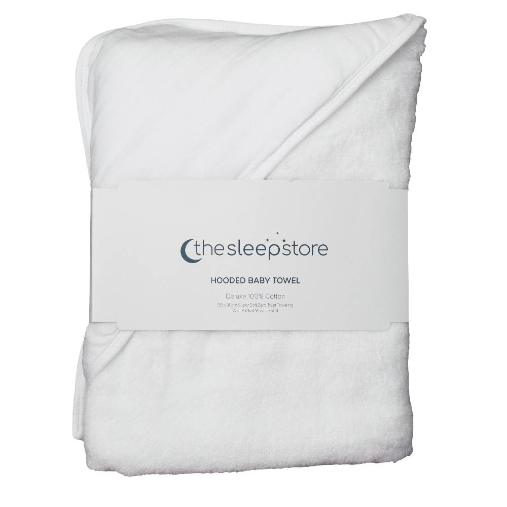 White cotton terry hooded baby towel with 'thesleepstore' branding on a white background