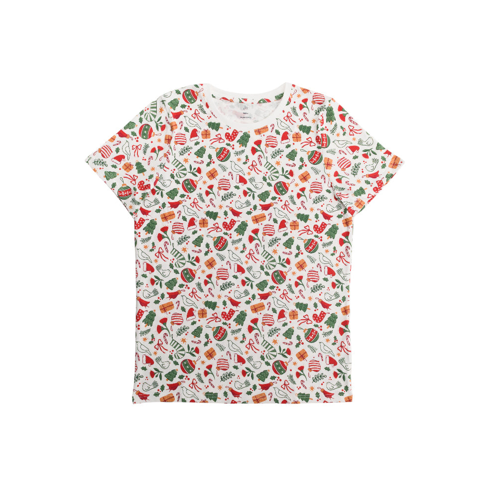 White cotton pyjama t-shirt with colorful christmas pattern on a white background