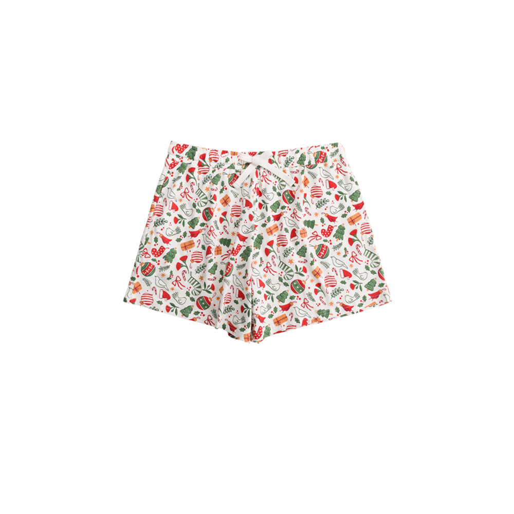 Shorts with a colorful red and green christmas pattern on a white background
