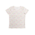 White t-shirt with subtle floral pattern in pink, yellow and green on a white background