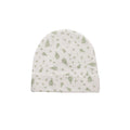 White baby hat with green leaf pattern on a white background
