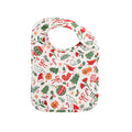 Christmas-themed jersey cotton baby bib with colourful patterns on a white background 