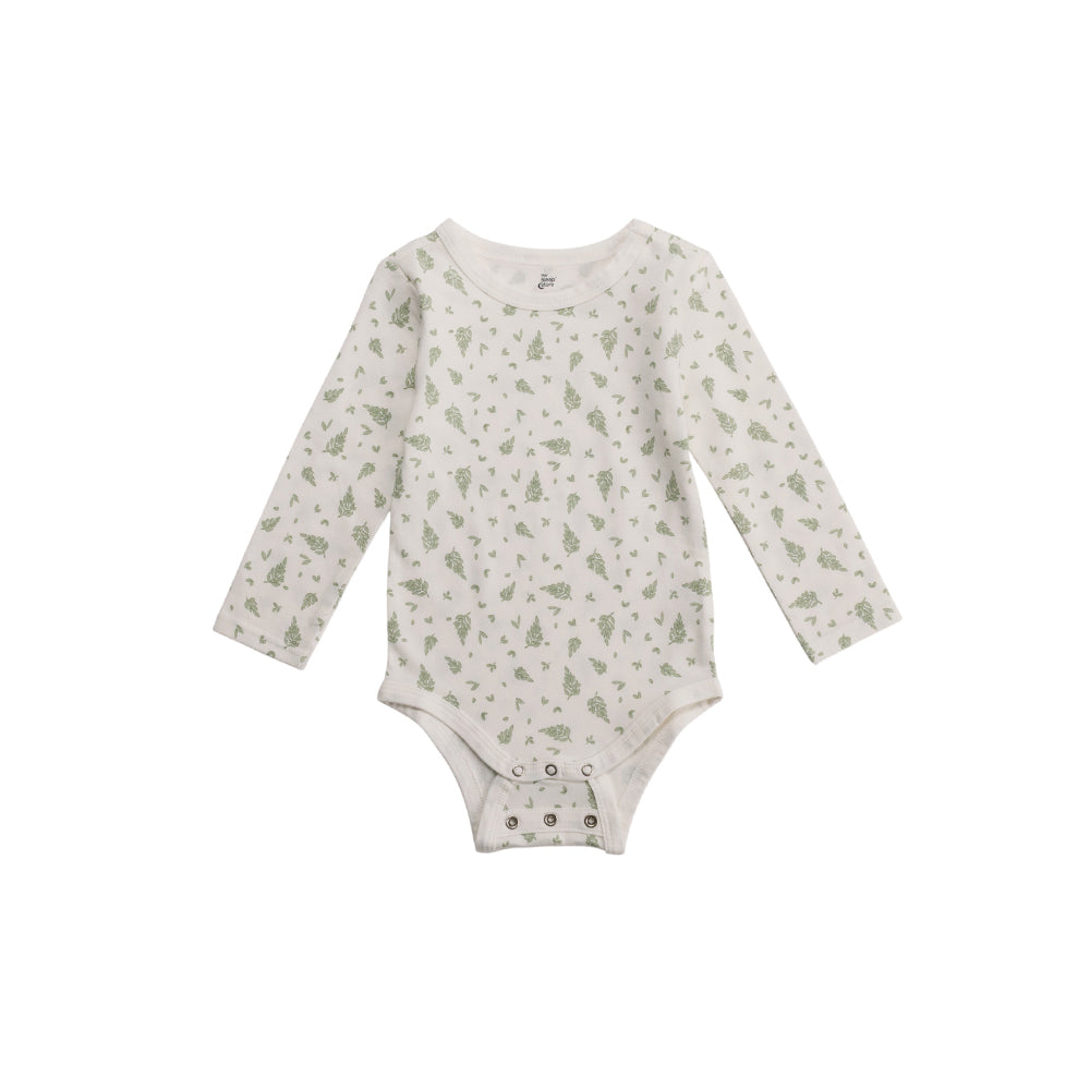 Baby cotton long sleeve onesie with green leaf pattern on a white background