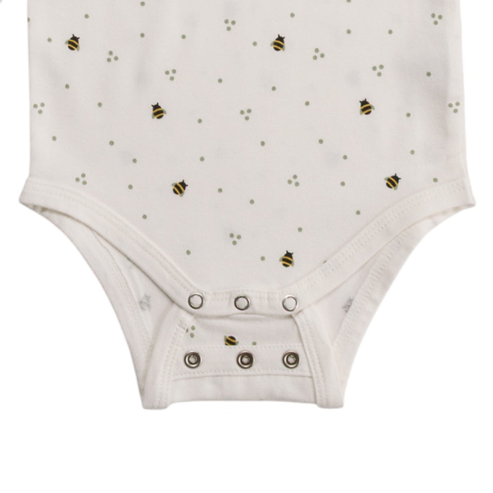 Baby bodysuit with bee pattern on a white background