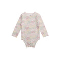 Floral patterned organic cotton baby bodysuit on a white background