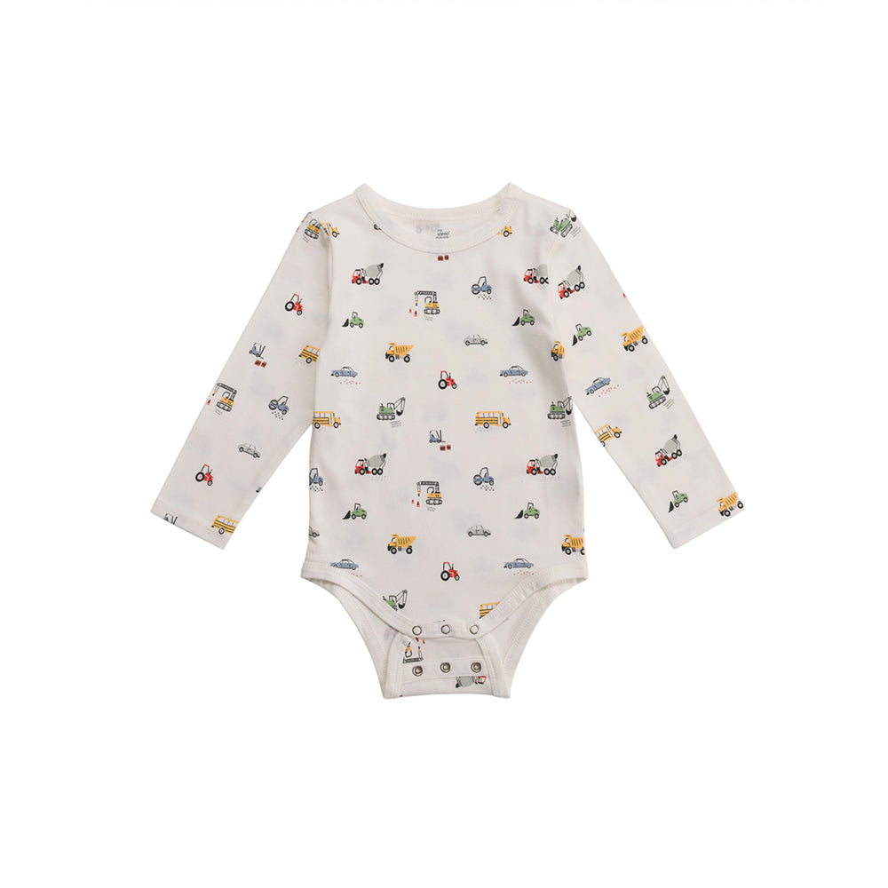 Baby cotton longsleeve bodysuit with vehicle pattern on a white background