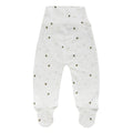 White baby footed pants with an all over bee print, on a white background. 