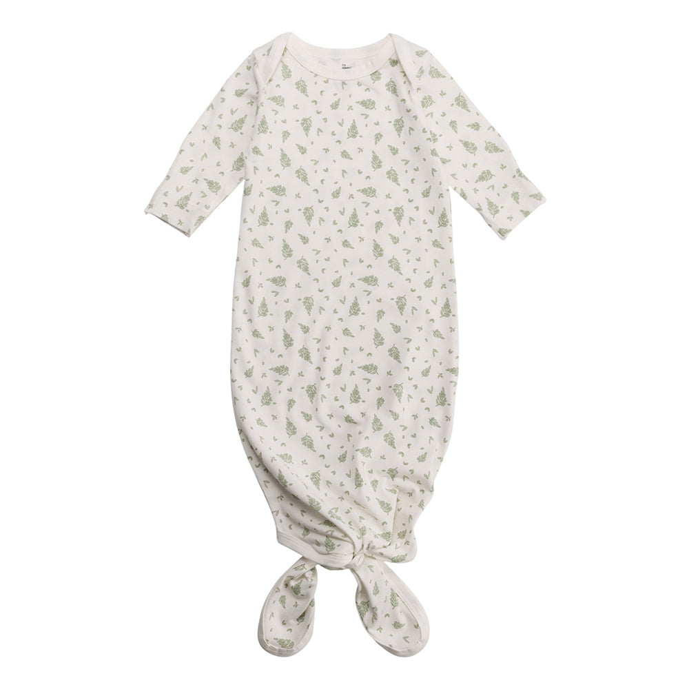 Cotton Knotted Gown in white with leaves print on a white background