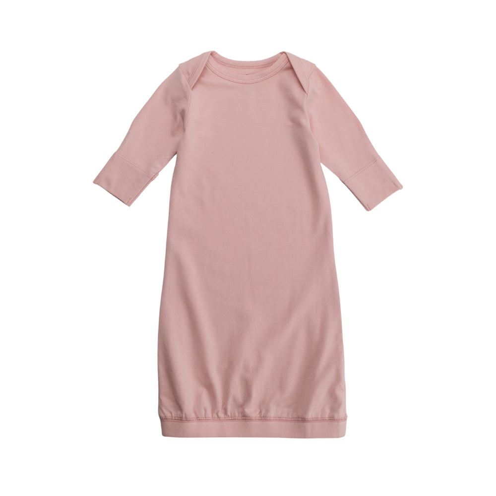 Pink organic cotton baby gown with long sleeves a white background