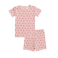 Pink Strawberry print summer short sleeve pyjamas on a white background