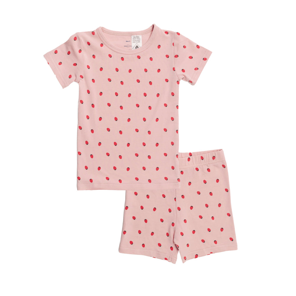 Pink Strawberry print summer short sleeve pyjamas on a white background