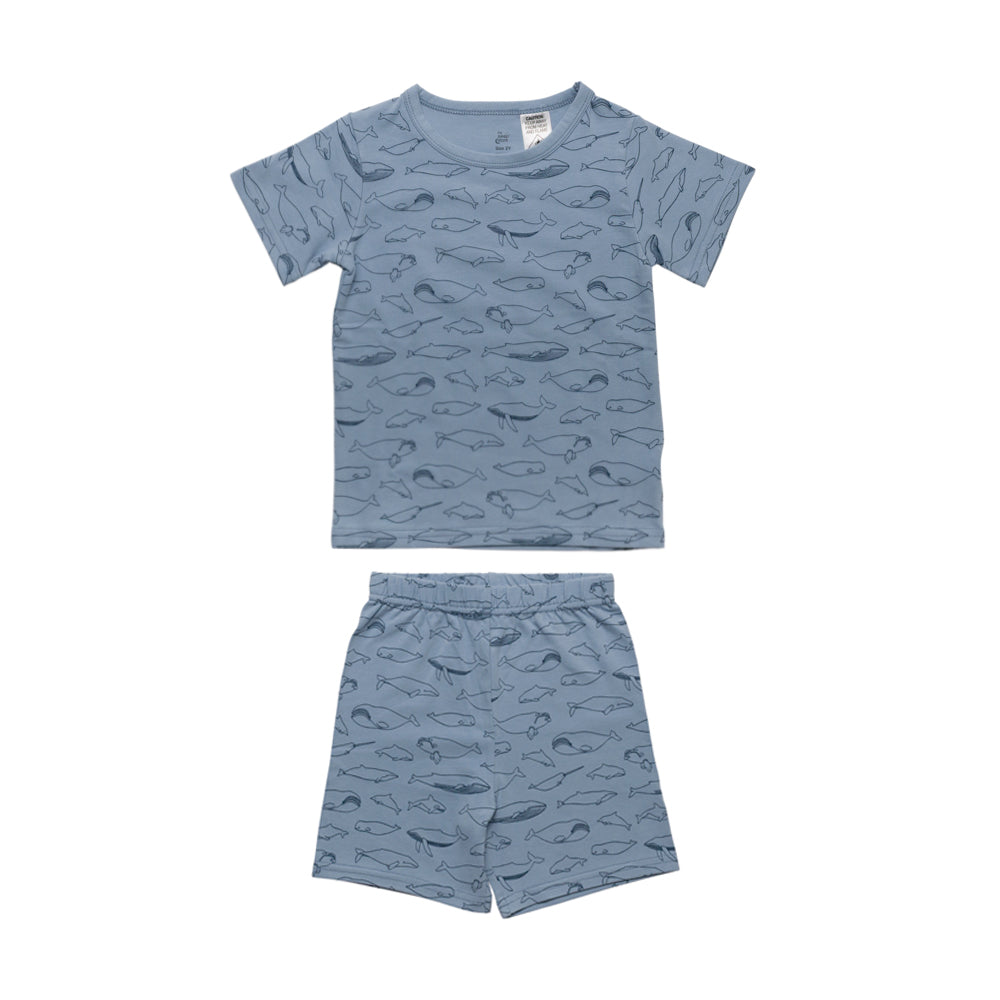 Blue Whale print summer short sleeve pyjamas on a white background
