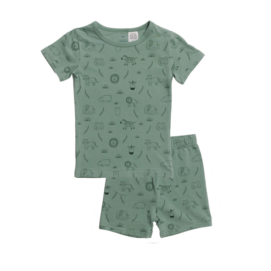 Green Safari print summer short sleeve pyjamas on a white background