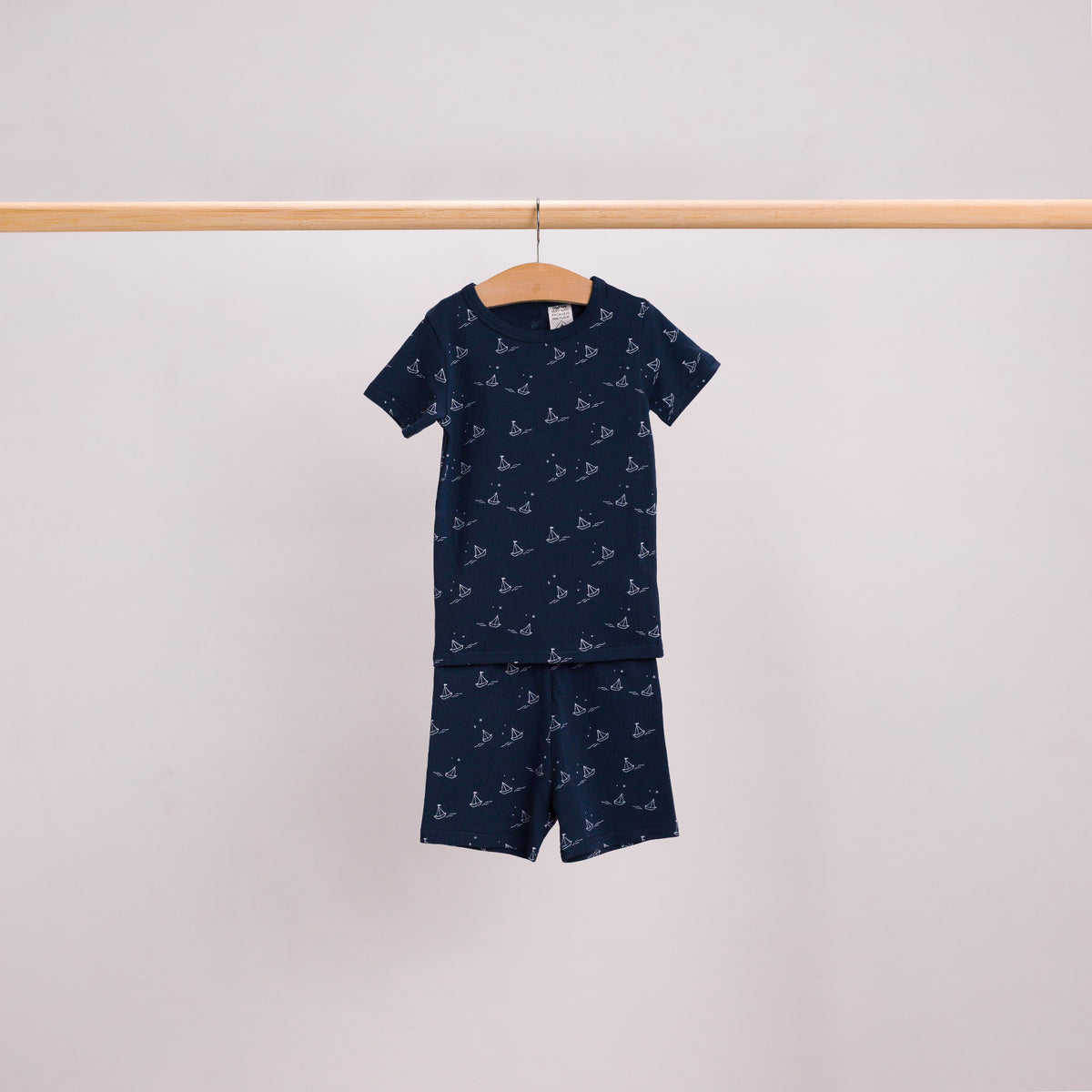 Hanging shot of Summer PJS in the Sailboat print. 