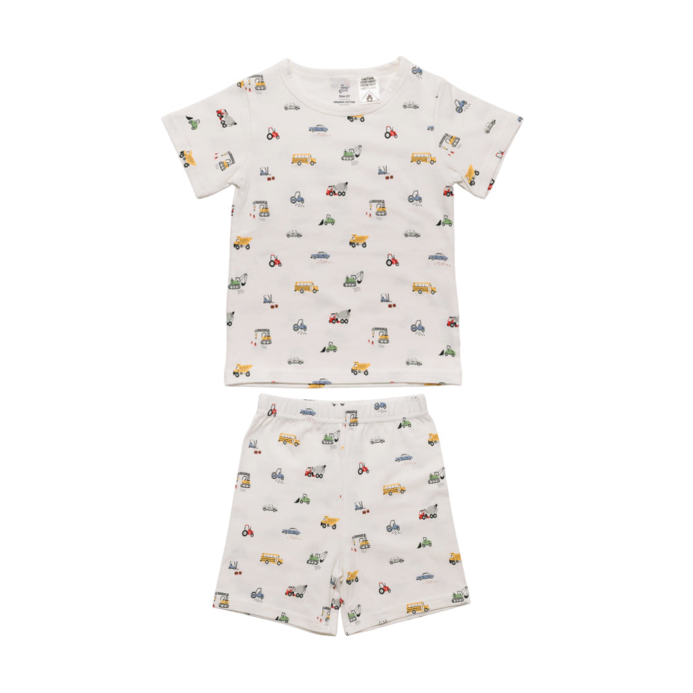 Transport print summer short sleeve pyjamas on a white background